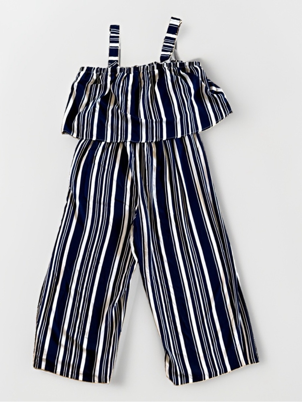 Time and Tru Womens XXL 20 Navy White Striped Flounce Wide Leg Jumpsuit